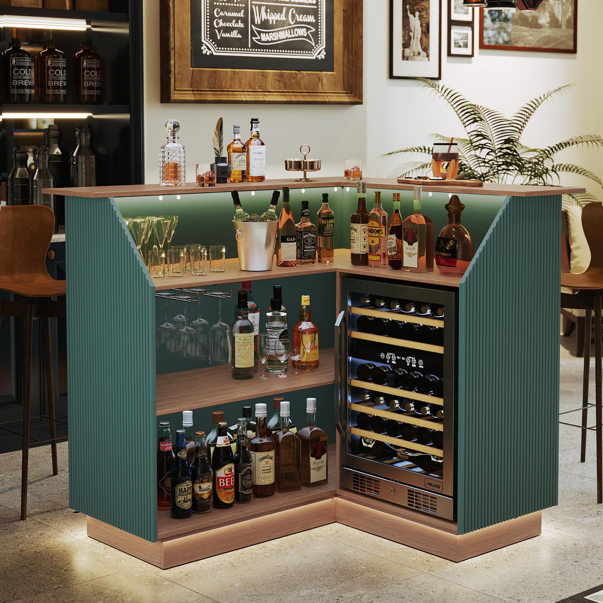 Green Fluted L-Shape Corner Ba - Home Bar And Fridge avis et prix